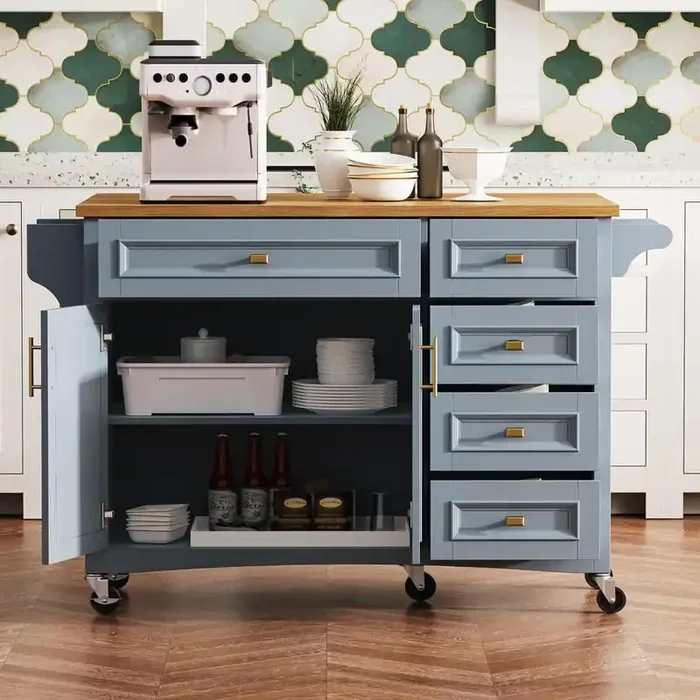 Blue Grey MDF Wood Kitchen Cart with Drop Leaf, Embossed Texture Kitchen Island on Wheels with Spice Rack