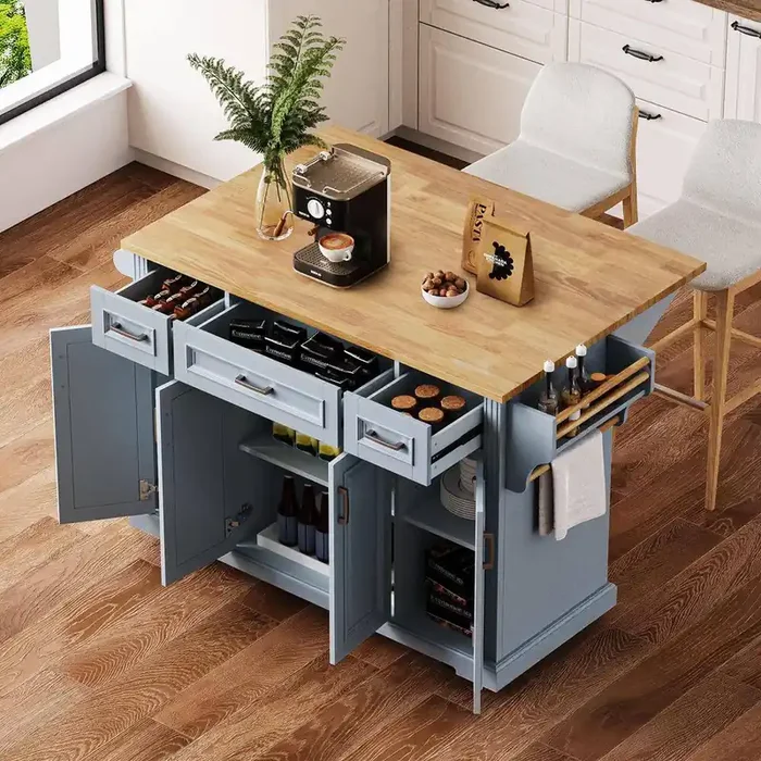 Blue Grey MDF Wood Kitchen Cart with with Rubber Wood Drop Leaf