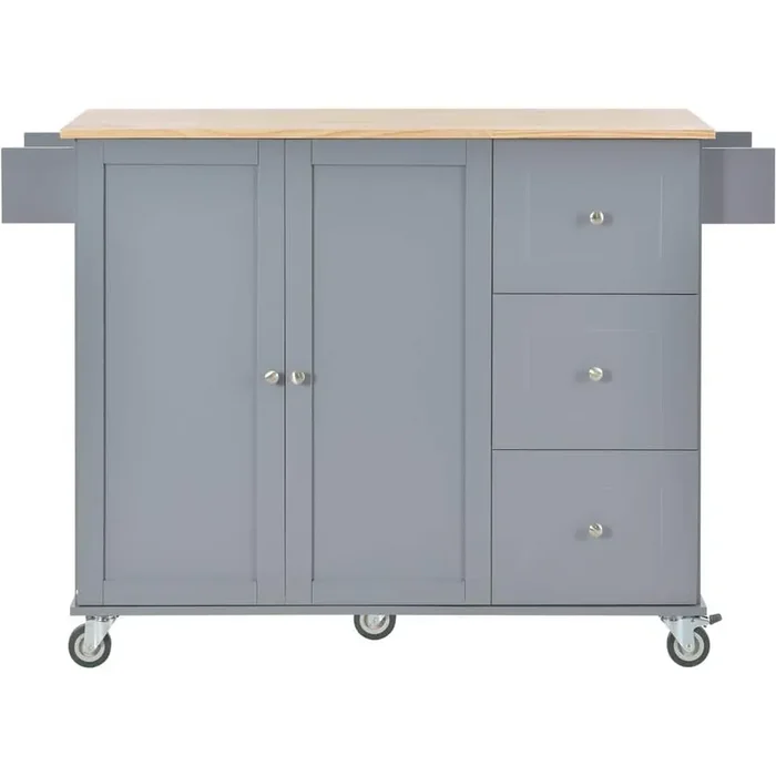 Blue Grey Solid Wood MDF Kitchen Cart with Drop-Leaf Countertop and Locking Wheels
