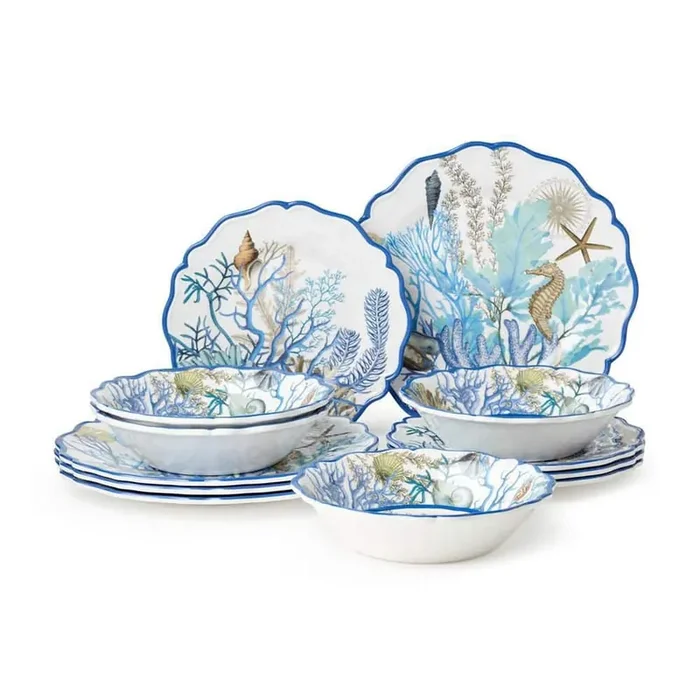 Blue Lagoon 12-Piece Multi-Colored Melamine Dinnerware Set