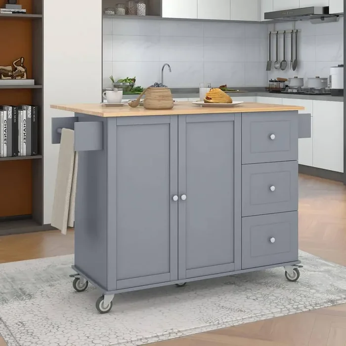 Blue Rolling Kitchen Island Cart with Rubber Wood Drop-Leaf Countertop (52 in. W)