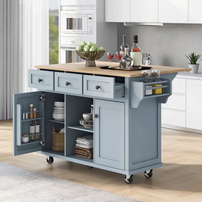 Blue Rolling Rubber Wood Drop-Leaf Countertop 53 in. Kitchen Island