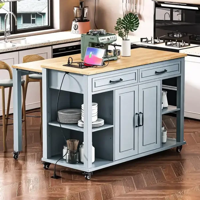 Blue Rolling Rubber Wood Veneer Top 47 in. Kitchen Island Cart with Power Outlet, 6 Smooth Wheels, Adjustable Shelves
