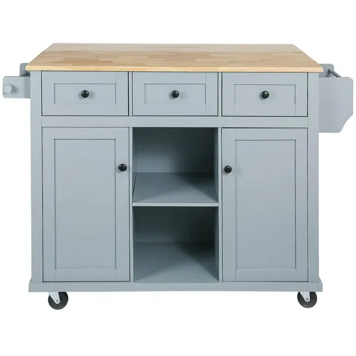 Blue Rubber Wood MDF Kitchen Cart with Drop-Leaf Countertop and Cabinet Door Internal Storage Racks