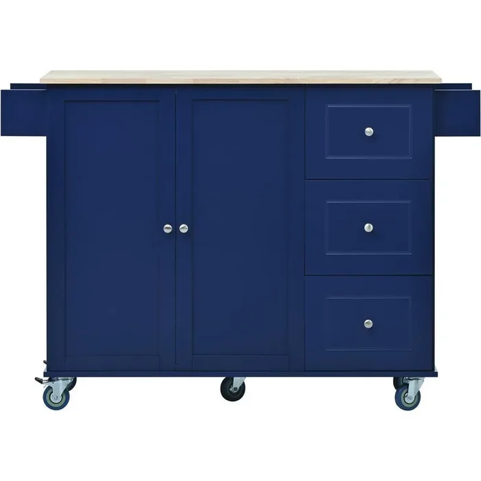 Blue Solid Wood MDF Kitchen Cart with Drop-Leaf Countertop and Locking Wheels
