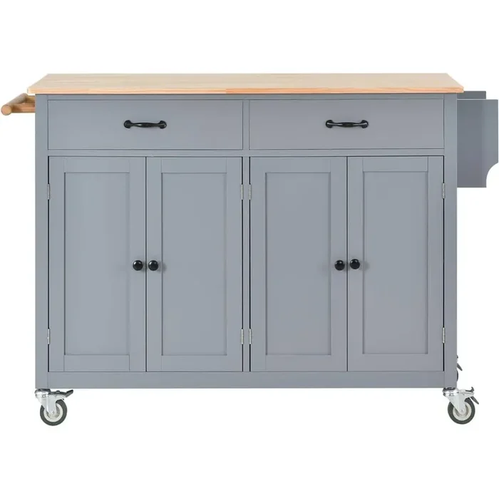 Blue Solid Wood MDF Kitchen Cart with Spice Rack and Locking Wheels