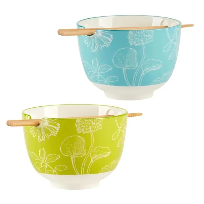 Botanical 24.92 fl. oz. Multi-Colored Porcelain Ramen Soup Bowls (Set of 2)