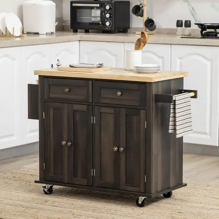 Brown Solid Rubber Wood Top 17.5 in. Kitchen Island Cart with 2-Cabinet and 2-Drawers, Spice Rack, Towel Rack