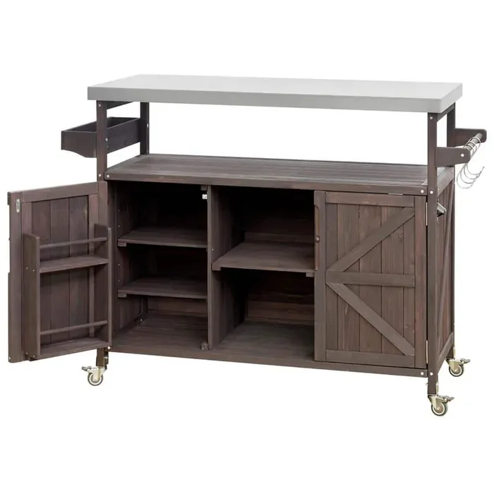 Brown Steel Top Tabel 50.25 in. Kitchen Island Outdoor with Grill Table, Stainless Steel Top, Spice Rack, Towel Rack