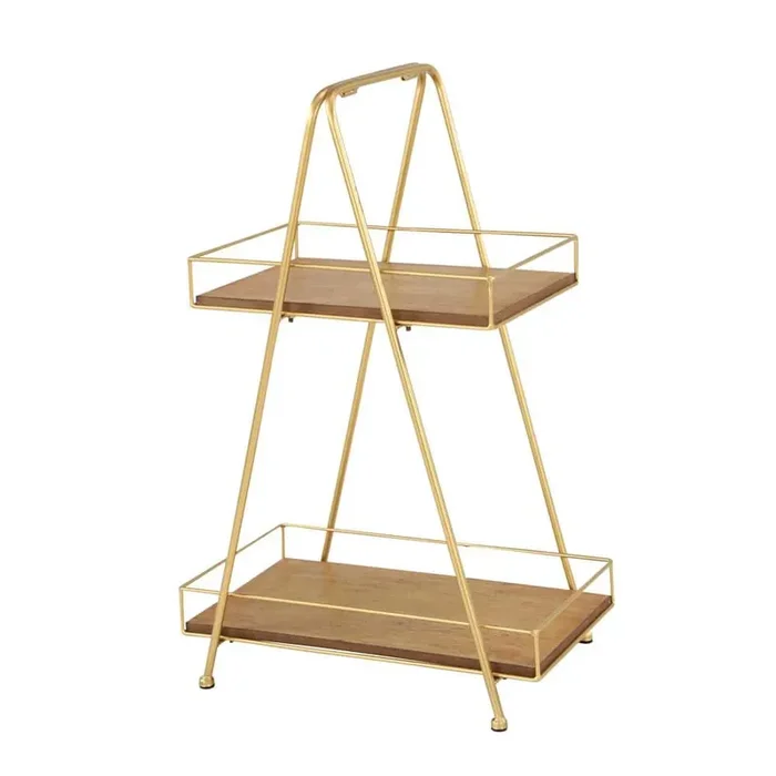 Brown Wood 2 Decorative Tiered Server with Gold Frame