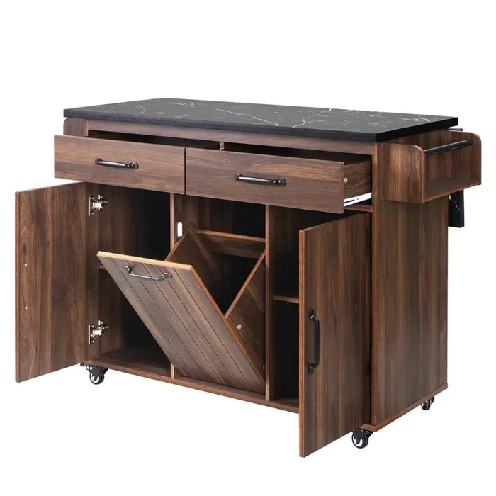 Brown Wood 51.06 in. Kitchen Island with Drawers, Tilt-out Trash Can, Towel Rack, Spice Rack, Cabinet, Drop Leaf