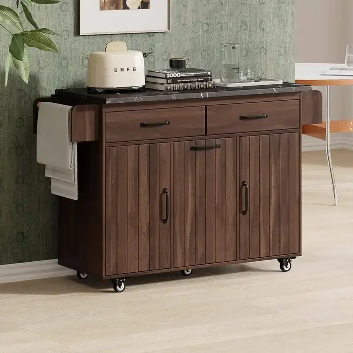 Brown Wood 51.06 in. W Kitchen Island with Trash Can Storage Cabinet on Wheels