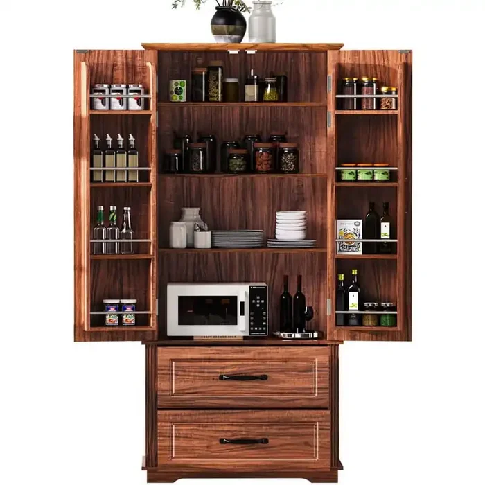 Brown Wood Pantry Organizer with 2 Large Drawers and 8 Door Shelves and 3 Cabinet Shelves for Kitchen, Dining, room