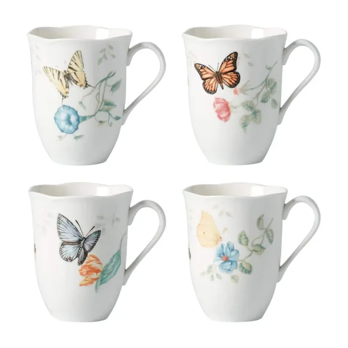 Butterfly Meadow 12 oz. Multi White Porcelain Mug (Set of 4)