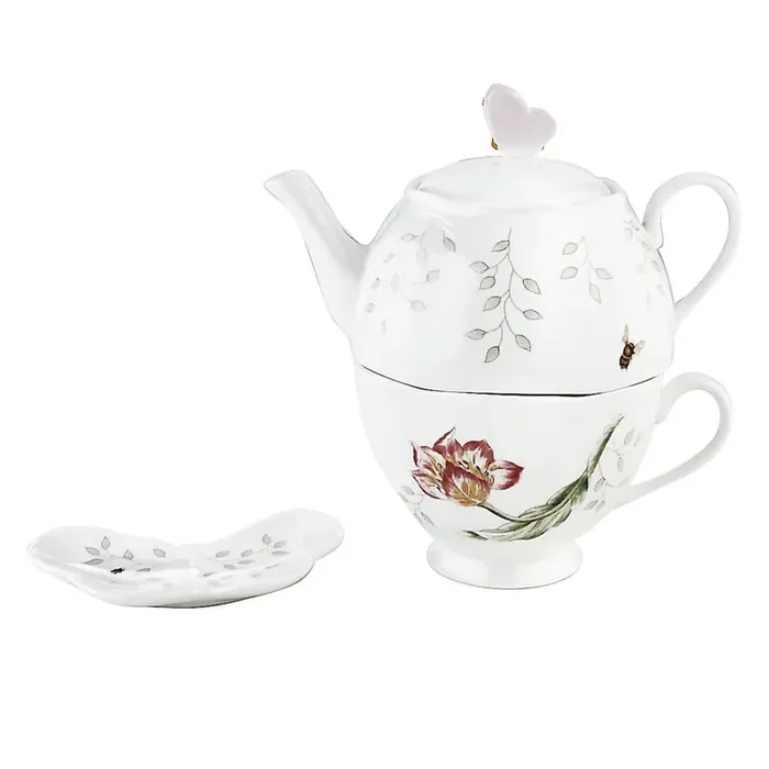 Butterfly Meadow 2-Cup White Porcelain Tea Pot Set with Tea Cup and Bag Holder