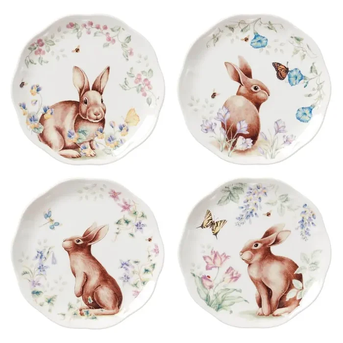 Butterfly Meadow Bunny White Accent Plate (Set of 4)