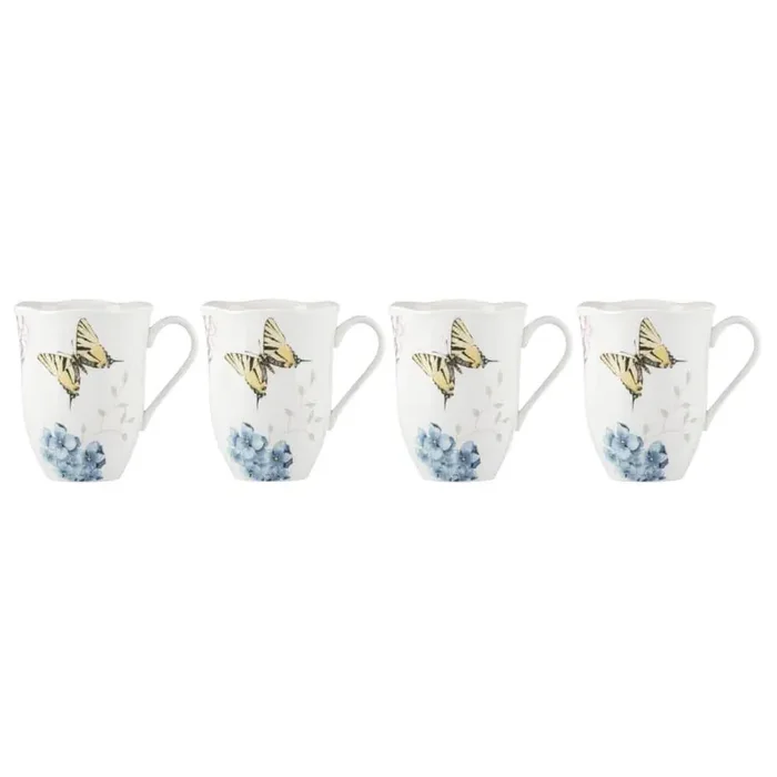 Butterfly Meadow Hydrangea 12 oz. Porcelain Multi Color Coffee/Tea Mugs (Set of 4)