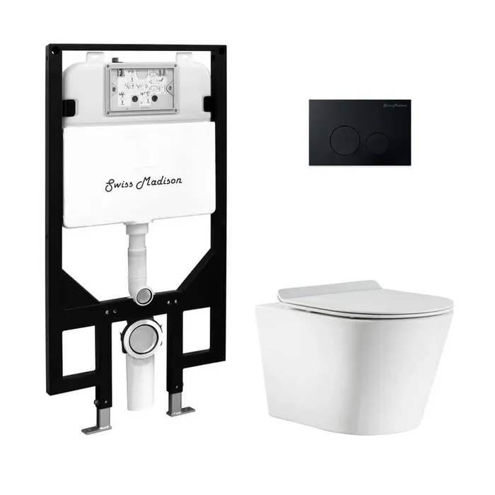 Calice Wall-Hung Toilet, Round, 3-Piece Bundle 0.8/1.6 GPF Dual Flush in Glossy White with Black Flush Plate