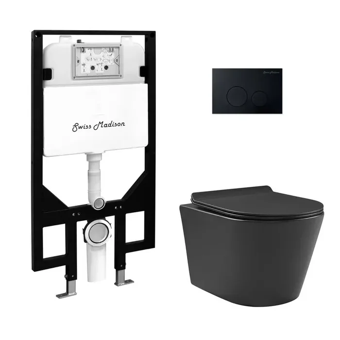 Calice Wall-Hung Toilet, Round, 3-Piece Bundle 0.8/1.6 GPF Dual Flush in Matte Black with Black Flush Plate