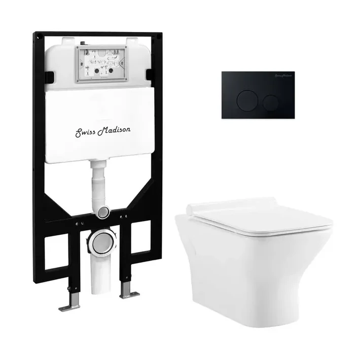Carre Wall-Hung Square Toilet 3-Piece Bundle 0.8/1.6 GPF Dual Flush in Glossy White with Black Flush Plate