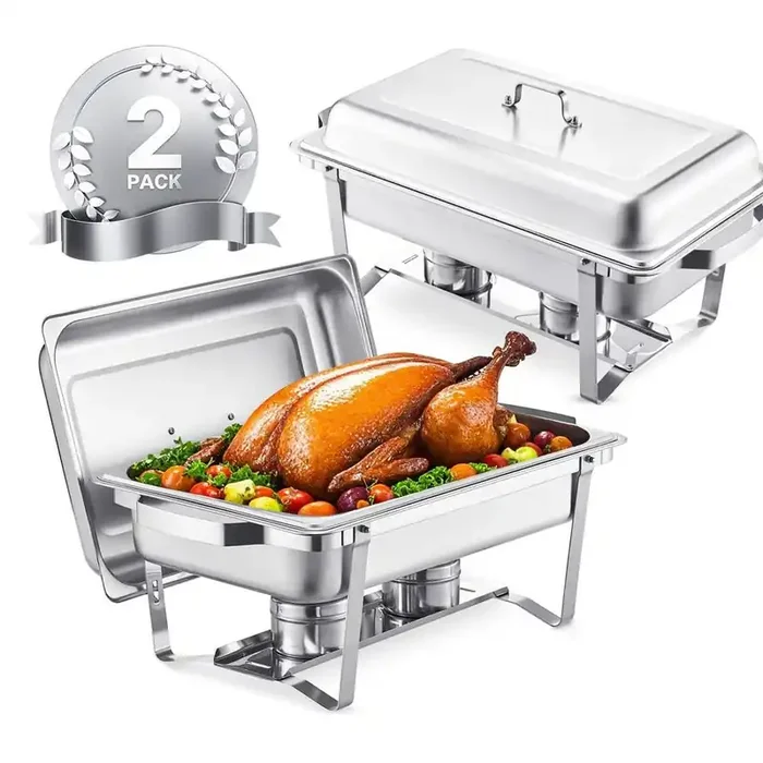 Chafing Dish Set 8 qt. Silver Stainless Steel Chafing Dishes with 4 Half-Size 4 qt. Pans 2 Pack