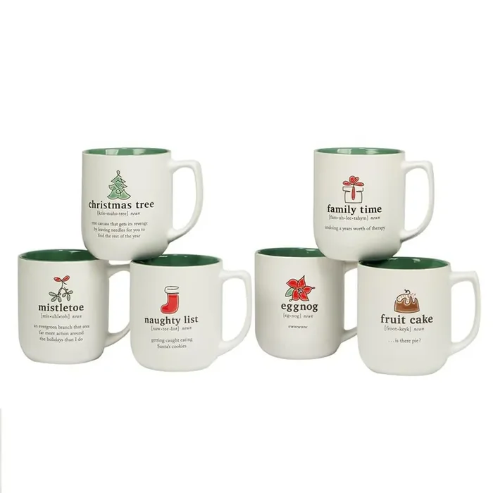 Christmas Fun Green Sayings 18 oz. Assorted Colors Stoneware Mug (Set of 6)