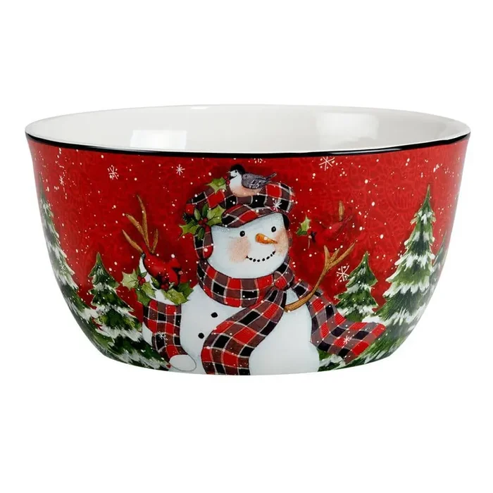 Christmas Lodge Snowman 10 in. 104 fl.oz. Multi-Colored Earthenware Serving Bowl