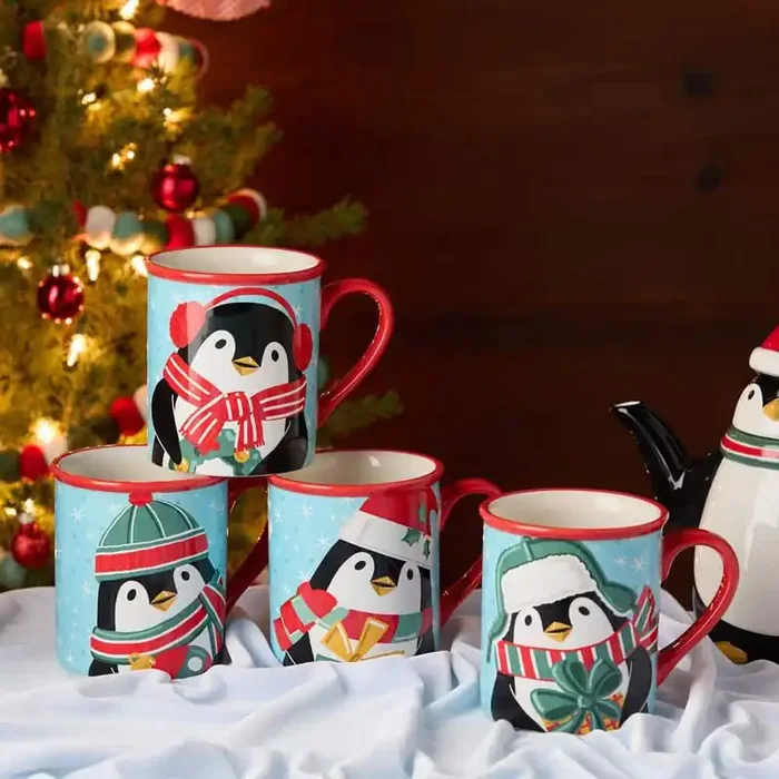 Christmas Whimsy Penguin 18 oz. Assorted Colors Ceramic Mugs (Set of 4)