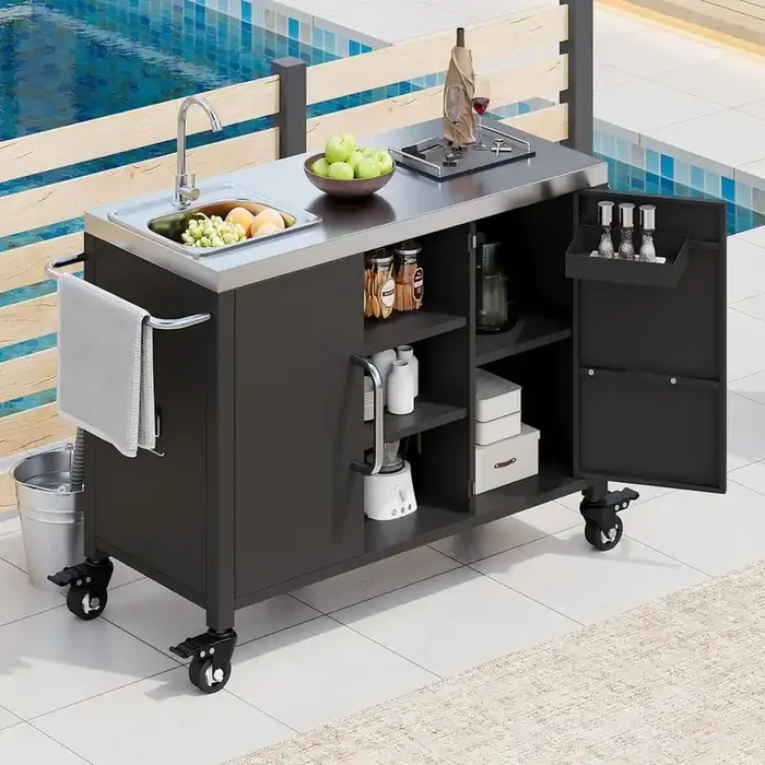 Classic Black Stainless Steel 55.5 in. Kitchen Island Outdoor Metal Frame Lockable Wheels Grill Cart with Sink Station