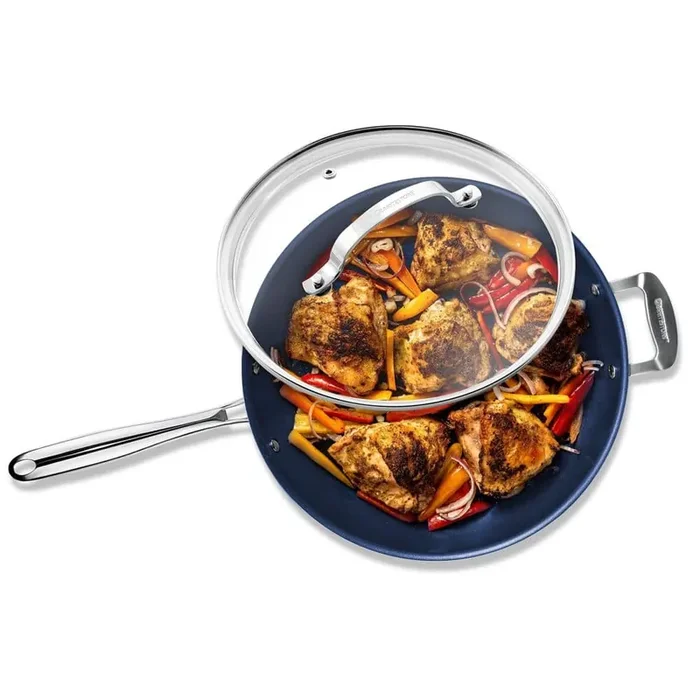 Classic Blue 14 in. Aluminum Ultra-Durable Diamond Infused Family Skillet with Glass Lid and Helper Handle