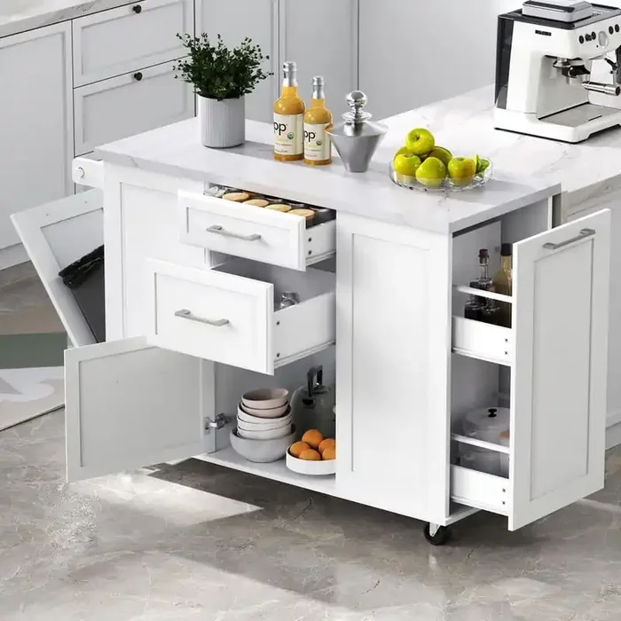 Classic White Wood 50.7 in. Drop Leaf Kitchen Island with Storage Tilt Trash Can Cabinet and Pull Out Cabinet Organizer