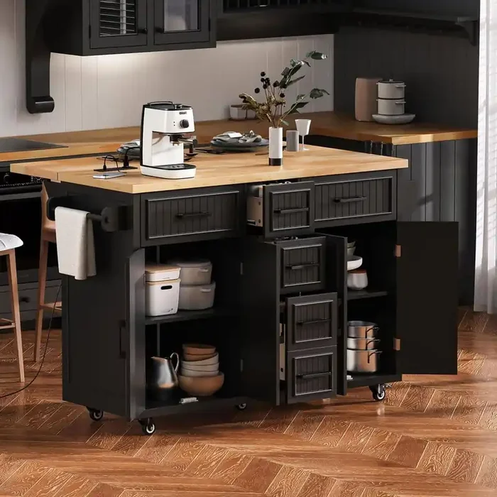 Coastal Wood Black 56.5 in. Embossed Vertical Stripe Power Outlet Drop Leaf Rolling Kitchen Island with 4-Door