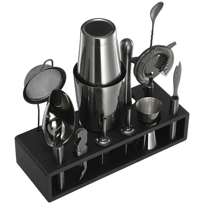 Cocktail Shaker Set, 13-Piece Stainless Steel Bar Tools with Bamboo Stand, Boston Bartender Kit Mixer Spoon, Muddler