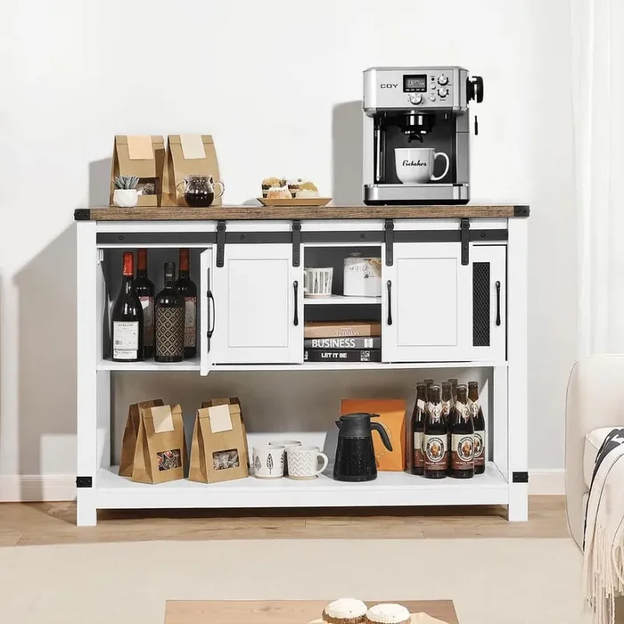 Coffee Bar Cabinet. 47.3 x 15.7 x 32.7 in. 4-Tier Storage with Barn Doors for Living Room and Entryway White