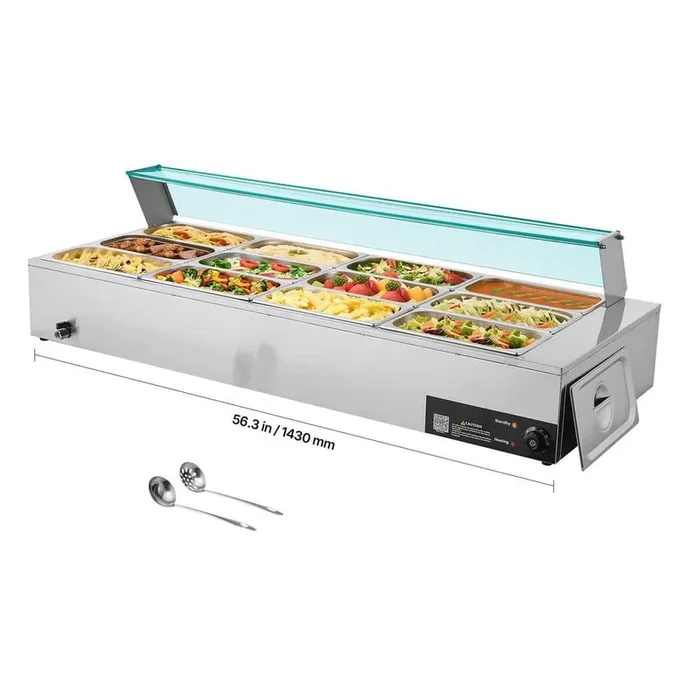 Commercial Food Warmer, 1700W Electric Stainless Steel Steam Food Warmer, 12-Pan, for Catering, Restaurant & Party