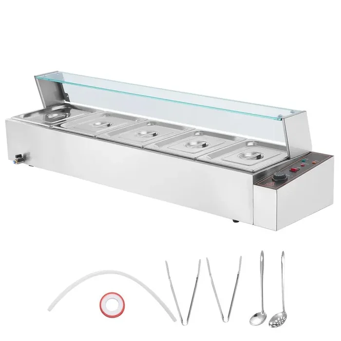 Commercial Food Warmer, 5 x 8 qt. Electric Steam Table with Glass Cover, 1700W Countertop Stainless Steel, Silver 5-Pan