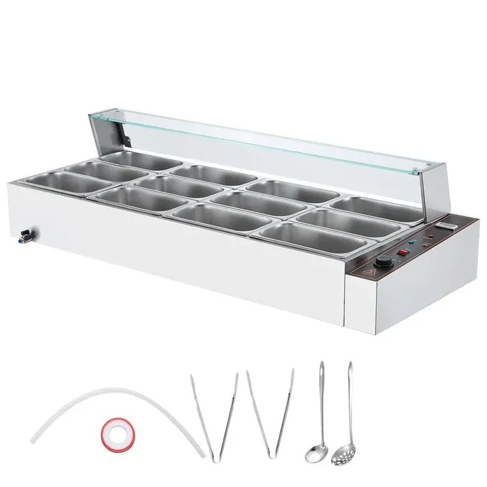 Commercial Food Warmer 60 qt. Stainless Steel Electric Steam Table with Glass Cover, 3200W with Thermometer