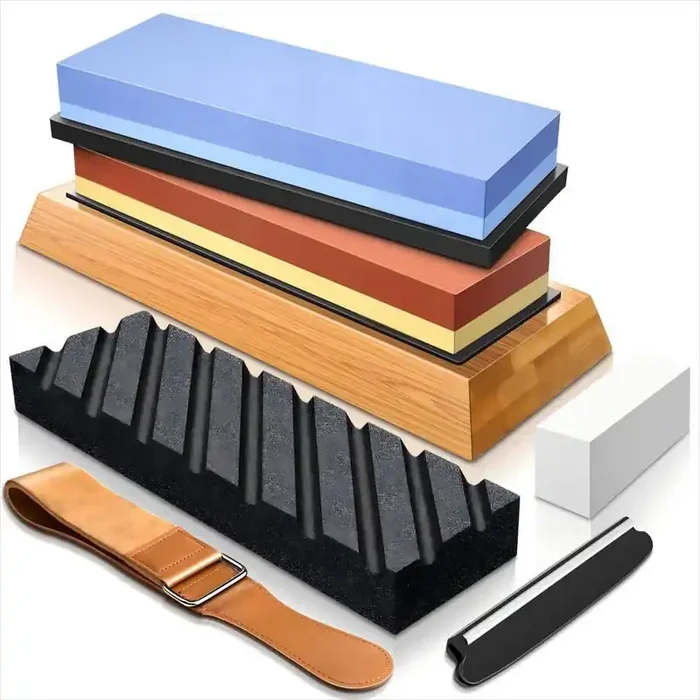 Complete Knife Sharpening Whetstone Set with Leather Strop, Flattening Stone, Bamboo Base, 3-Non-slip Rubber Bases