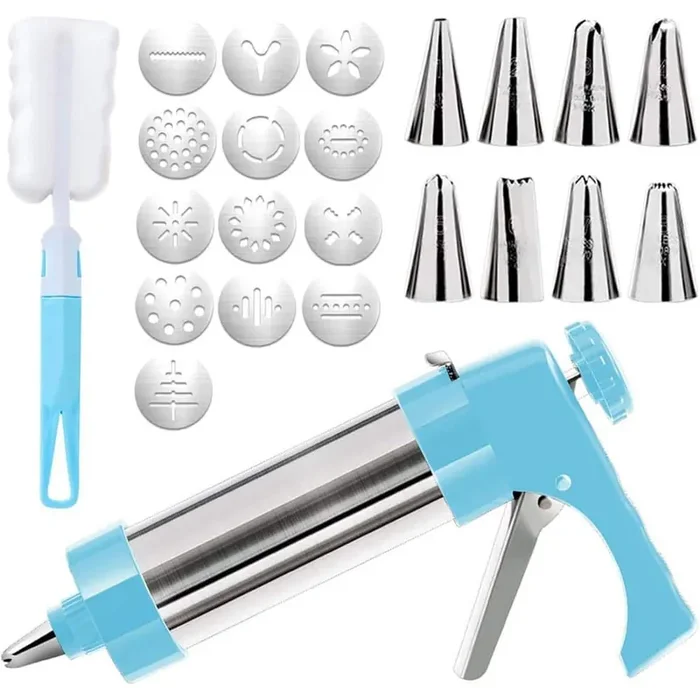 Cookie Press Gun Kit 13-Piece Blue Stainless Steel with 13 Cookie Discs and 8 Piping Tips for Baking and Decorating
