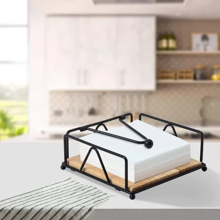 Countertop Mount Black Square Napkin Holder with Weighted Arm and Wooden Base for Kitchen and Dining Table Decor
