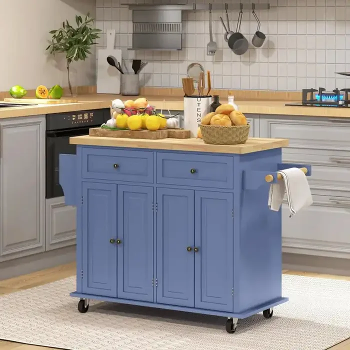 Country Blue Wood 43.75 in. Kitchen Island with Wheels, Spice Rack, Towel Rack, Drawers and Cabinets