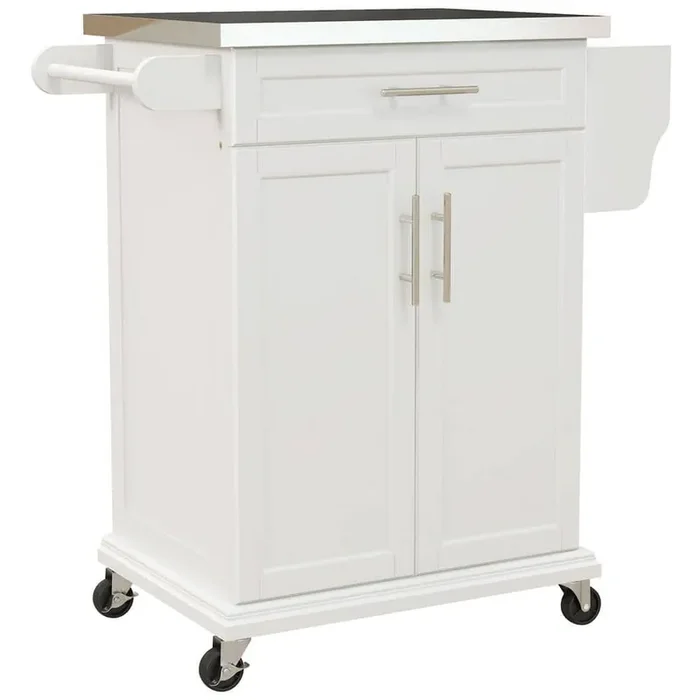Cream White Metal Top 18 in. Kitchen Island with Drawer, Cabinets, Wheels and Towel Rack