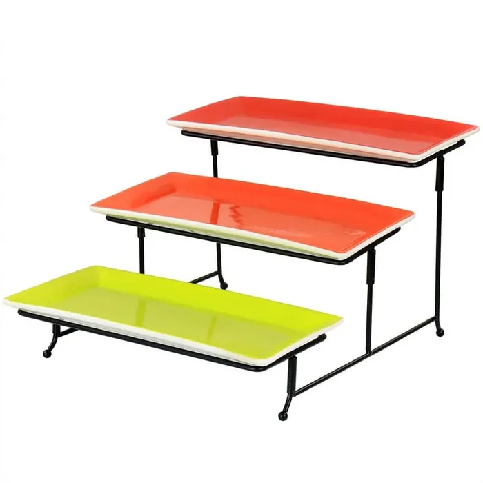 Crenshaw Hand Painted Stoneware 3-Tier Serving Set with Metal Rack in Multicolor