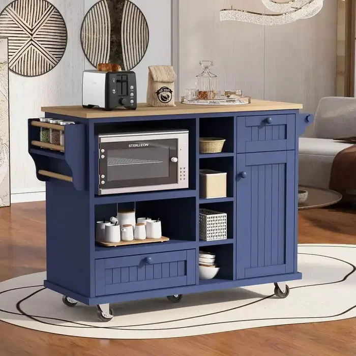 Dark Blue Modern Kitchen Island with Storage Cabinet and Two Locking Wheels