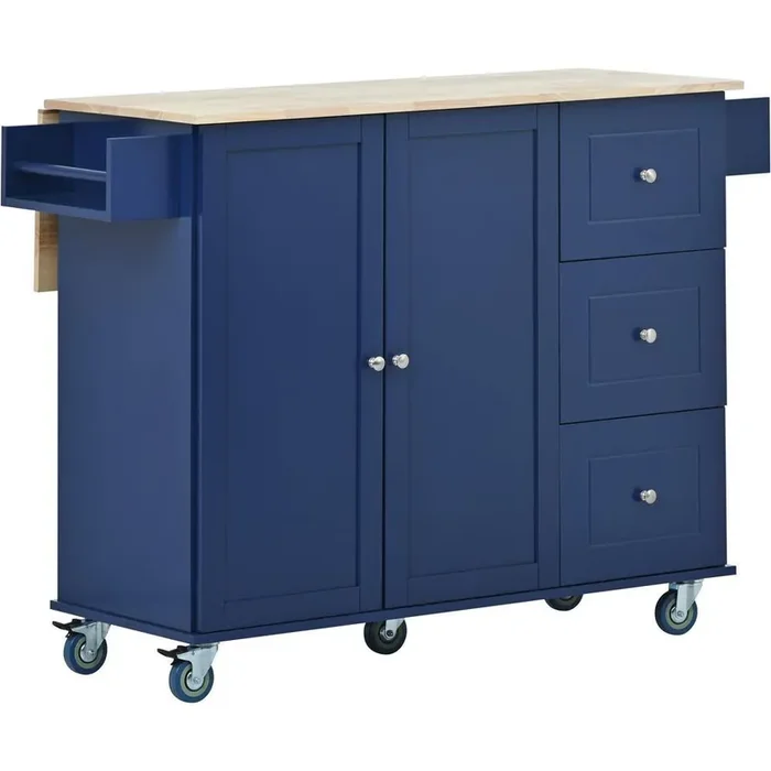 Dark Blue Wood 52.7 in. Kitchen Island with Leaf – Solid Wood Top, Locking Wheels and torage Cabinet