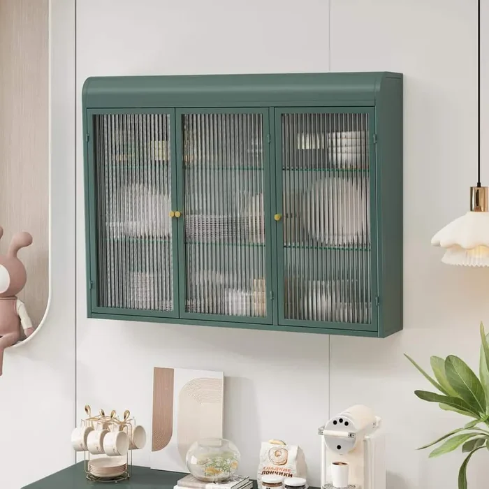 Dark Green Metal Pantry Organizer with 3 Glass Doors Arched Wall Mounted Storage Cabinet with 2 Shelves Bathroom Cabinet