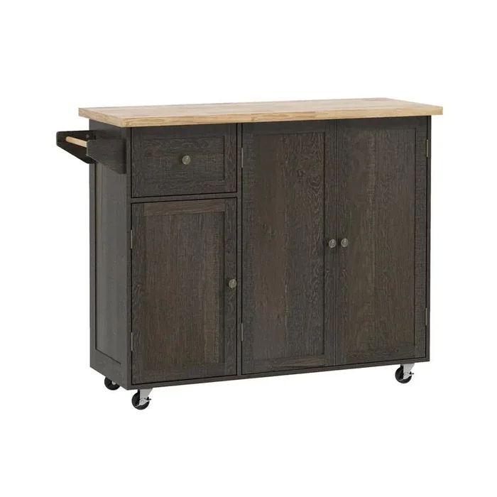 Distressed Brown Wood 53.3 in. Kitchen Island with Wood Top, Towel Rack, Big Drawer