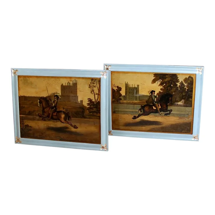 “Dressage at Bolsover Castle” Large Reverse Glass Equestrian Engravings, by Abraham Van Diepenbeeck, Ca. 17th/18th Century- A Pair