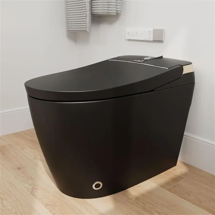 Electric Smart Toilet Bidet Elongated 1.28 GPF with Heated Seat Drying, Night Light, remote control function in Black