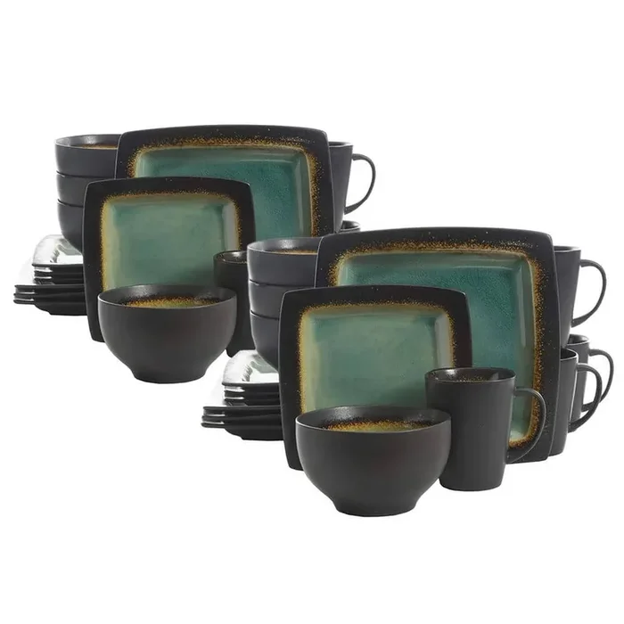 Elite Ocean Paradise 16-Piece Square Glazed Kitchen Dish Set, Jade (2-Pack)